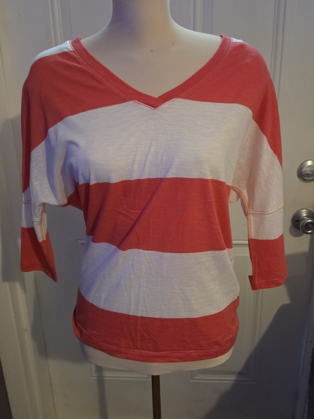 Aeropostale Red and White Striped V-Neck Long Sleeve Tee